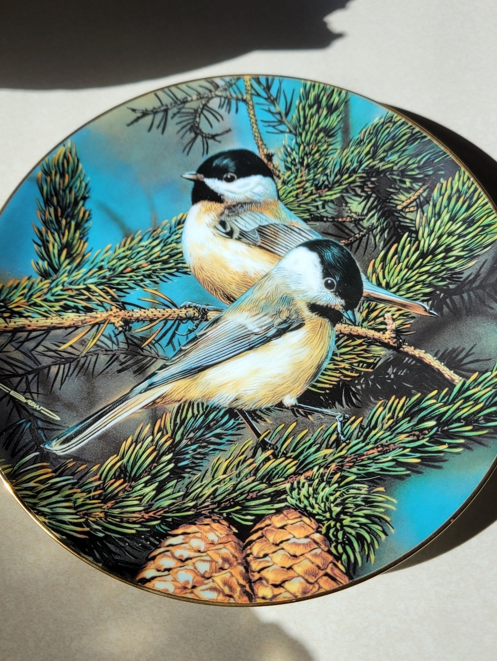 George Blue and Black Chickadee Pine Accent Plate